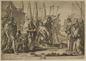 Θυσία Πολυξένης. Aquila, Pietro, (1640-1700), χαρακτικό. Στο κέντρο της σύνθεσης ο Νεοπτόλεμος με μαχαίρι και η Πολυξένη, αριστερά, δίπλα στον βωμό, ένας ιερέας και άλλοι Έλληνες, δεξιά Τρωαδίτισσες θρηνούν. Στο βάθος τα πλοία των Αχαιών. Harvard Art Museums/Fogg Museum