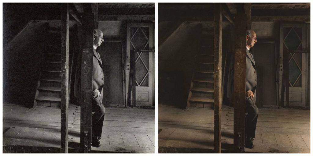 Otto Frank, Anne Frank’s father and the only surviving member of the Frank family revisiting the attic they spent the war in, 3 May 1960.