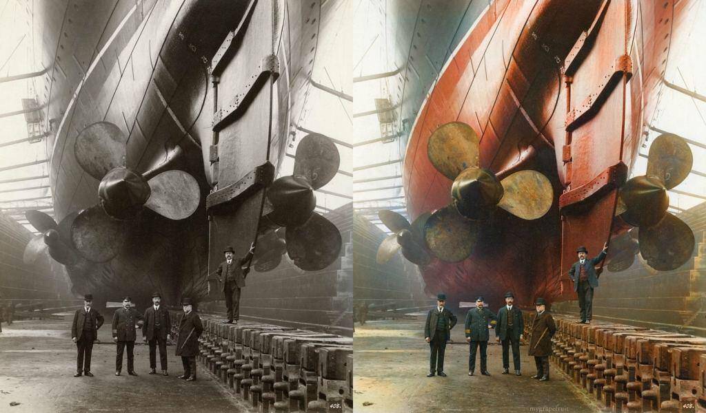 This photograph is taken in Canada Dock in Liverpool, 1909. The gentleman in uniform is “Mauretania’s” first Chief Engineer, John Currie.