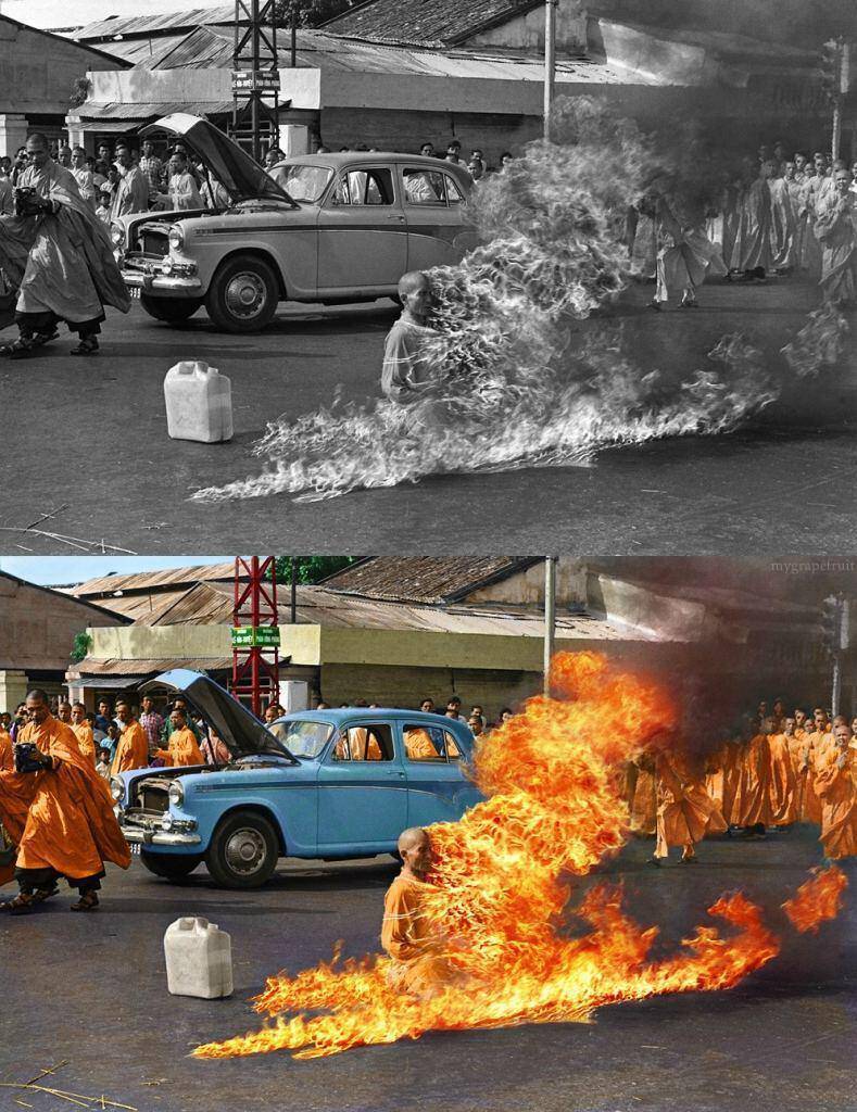 Τhe burning monk. He set himself on fire to alarm the world of the repression in Vietnam..