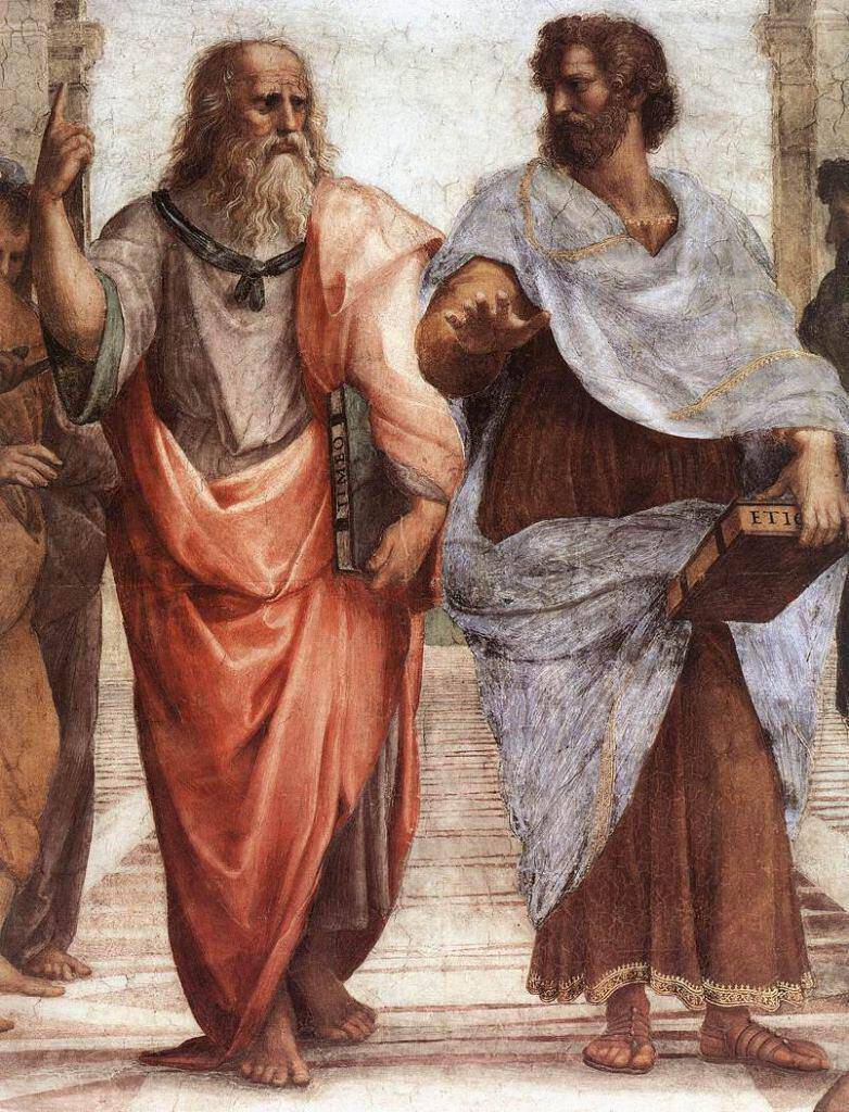 Λεπτομέρεια από τη Σχολή των Αθηνών). Σε αντίθεση με τον Πλάτωνα (αριστερά) , που τείνοντας το χέρι του προς τον ουρανό δείχνει τον κόσμο των ιδεών, ο Αριστοτέλης το τείνει τη γη.